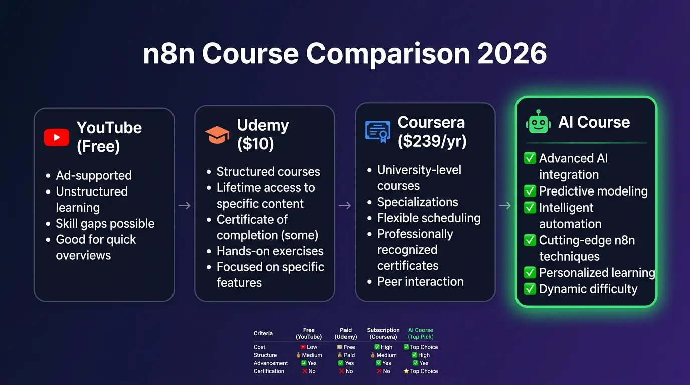 Best n8n course 2026 — comparison of free YouTube tutorials, Udemy, Coursera and structured AI automation courses