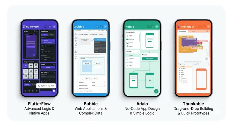 Best no-code app builders in 2026 — FlutterFlow vs Bubble vs Adalo vs Thunkable comparison