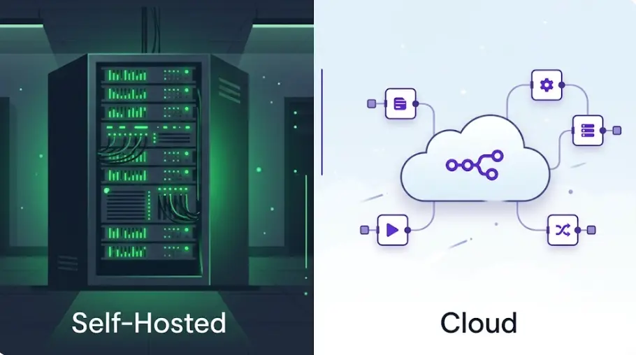 n8n self-hosted vs cloud comparison 2026 — server infrastructure vs cloud dashboard