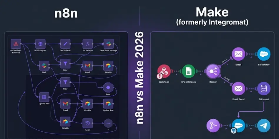 n8n vs Make (Integromat) comparison 2026 — automation platform side-by-side